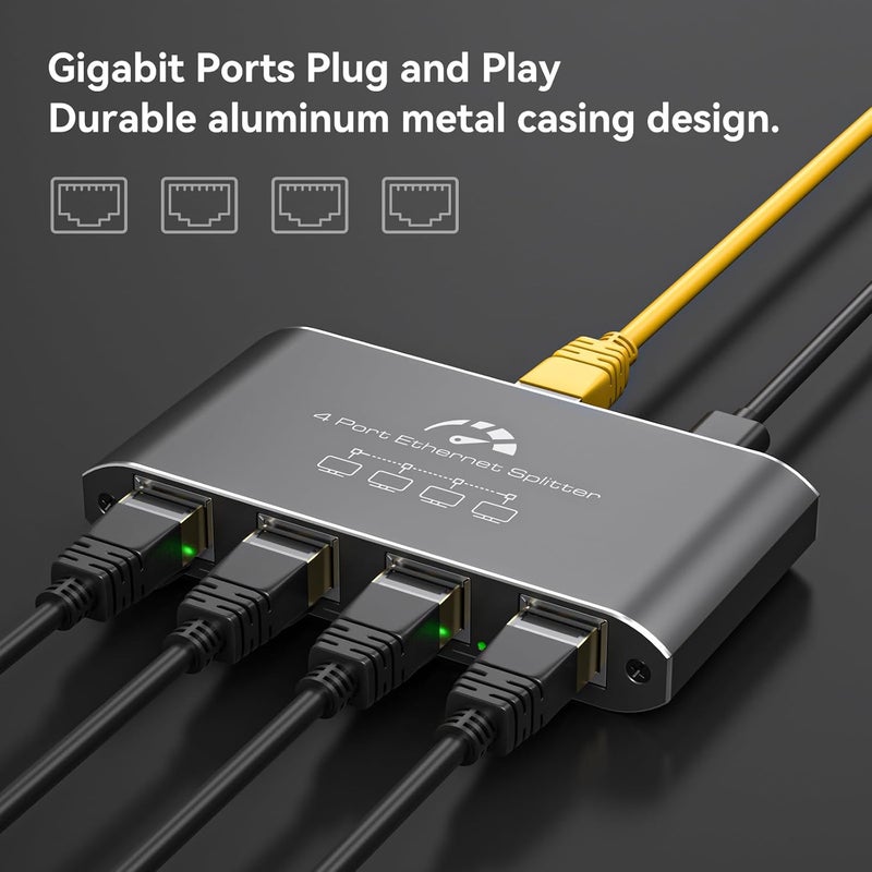 ATLAHET Ethernet Splitter 1 to 4 1000Mbps High Speed Internet Splitter, Gigabit Network Splitter with an Ethernet Cable and a USB Power Cable, 1 in 4 Out LAN RJ45 Splitter Work with Cat 6/7/8 Cable - Image 3
